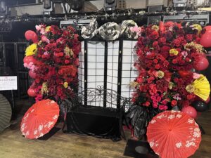 WOMB 赤メイン 障子・和傘・黒ベンチ付きフラワースタンド