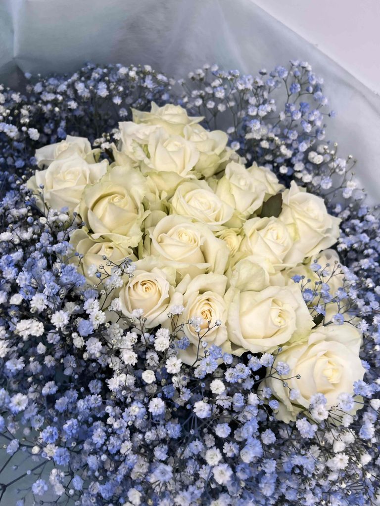 日暮里ネコシアター 水色のかすみ草と白バラの花束